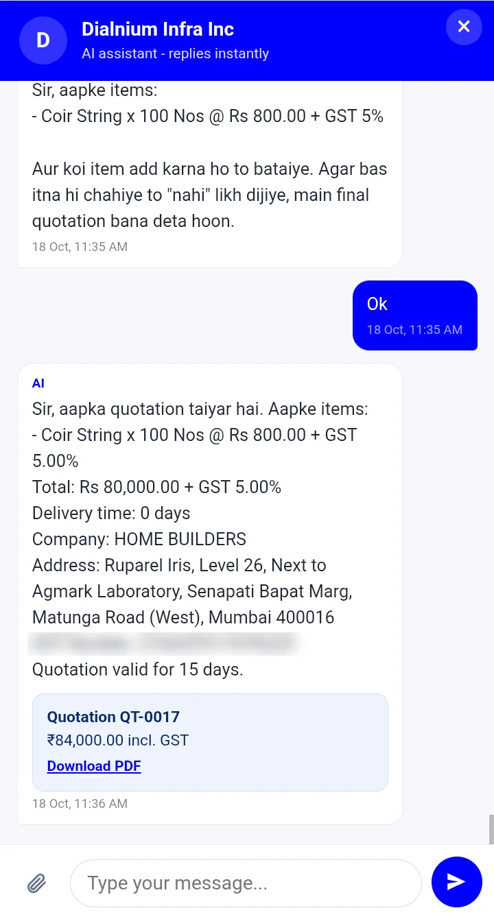 AI chat giving a quotation with Download PDF button