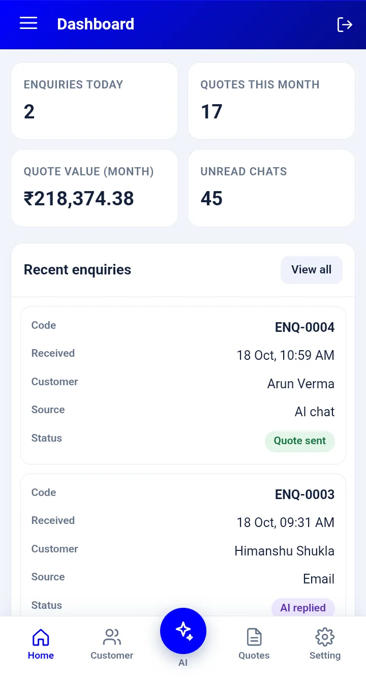 Dashboard showing enquiries today, quotes this month and quote value