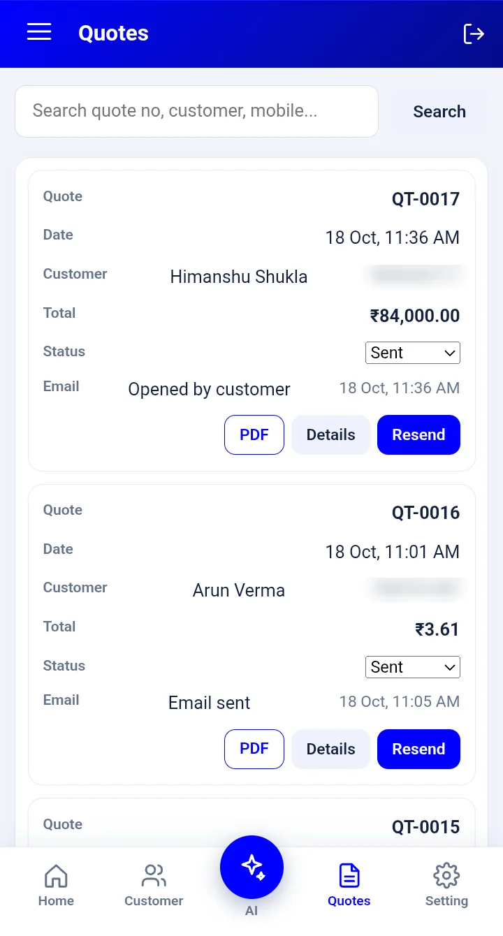Quotes list with PDF, details, resend and email opened tracking